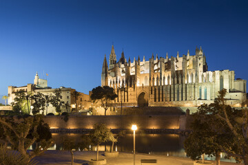 Catedral de Palma de Mallorca y Palacio de La Almudaina de noche vistas desde el Parque del Mar. Foto nocturna. Mallorca, Islas Baleares, España.