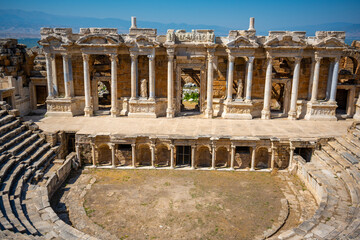 Fototapeta na wymiar View of the Pamukkale Amphitheater, the ruined city of Hierapolis, Turkey.