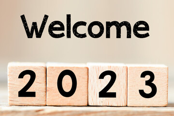 WELCOME 2023 arranged from wooden letters