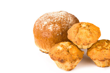 Sweet bun and muffins isolated on white. There is free space for text.