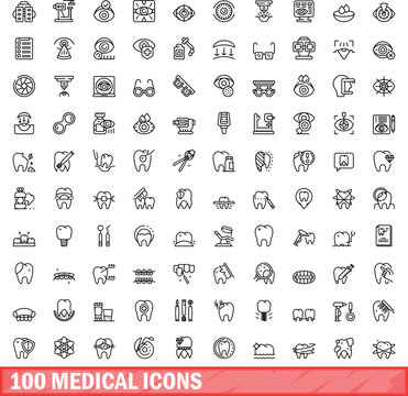 100 medical icons set. Outline illustration of 100 medical icons vector set isolated on white background