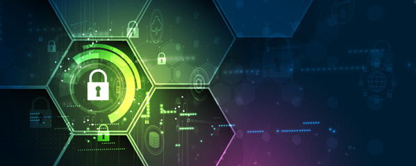 internet digital security technology concept for business background. Lock on circuit board