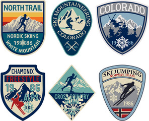 Naklejka premium Skiing vintage badge label patch vector collection of skier silhouette and snowflakes