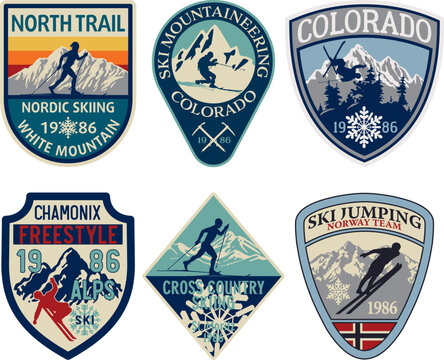 Skiing vintage badge label patch vector collection of skier silhouette and snowflakes