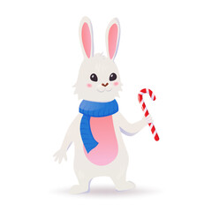 white cute rabbit in a blue scarf and with a New Years lollipop in his hands. vector illustration