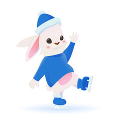 A cute rabbit in a blue hat and sweater is skating. Vector illustration