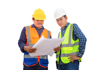 Engineer and foreman worker checking project at building site, Engineer and builders in hardhats discussing blueprint on construction site, Teamwork concepts
