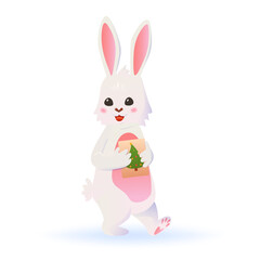 Funny rabbit holds a New Year and Christmas card in his hands. vector illustration