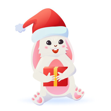A funny bunny in a santa hat sits and holds a gift in its paws. Vector illustration