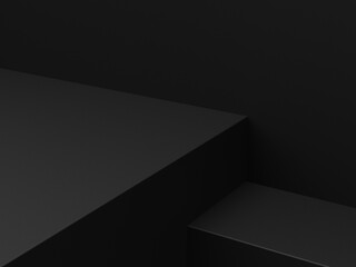 Empty minimal black platform podium or pedestal for product presentation. Empty stand showcase. Blank template for advertise. Abstract black background. 3d rendering.