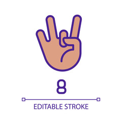 Digit eight sign in ASL pixel perfect RGB color icon. Gesture language. Nonverbal communication. Isolated vector illustration. Simple filled line drawing. Editable stroke. Arial font used