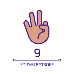 Obraz premium Signing digit nine in ASL pixel perfect RGB color icon. Non verbal language system. Communication. Isolated vector illustration. Simple filled line drawing. Editable stroke. Arial font used