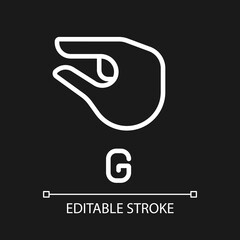 Sign for letter G in ASL pixel perfect white linear icon for dark theme. Nonverbal communication. Thin line illustration. Isolated symbol for night mode. Editable stroke. Arial font used