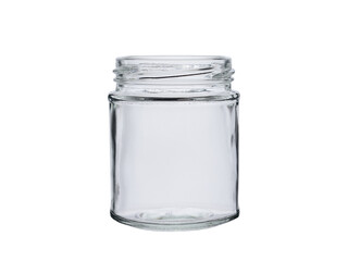 Open empty glass jar for food and drinks. Isolated on a white background.