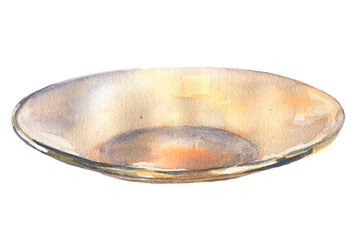 Hand drawn watercolor illustration of empty white glass plate.