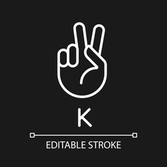 Letter K sign in ASL pixel perfect white linear icon for dark theme. Patients with deafness care. Thin line illustration. Isolated symbol for night mode. Editable stroke. Arial font used