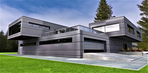 Exclusive design of a country private cottage in an ecologically clean park area. Individual finishing with innovative building materials. 3d rendering.