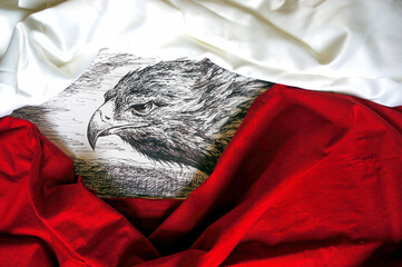Flaga Polski. Rysunek orła otoczony białą i czerwoną tkaniną - obrazy, fototapety, plakaty