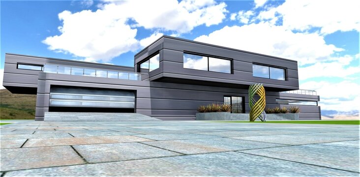 Guest automobile parking area on the concrete slabs pavement in front of the garage inside the contemporary suburban dwelling. 3d rendering.