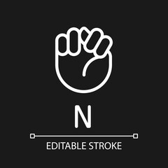 Letter N sign in ASL pixel perfect white linear icon for dark theme. Communication system. Visual modality. Thin line illustration. Isolated symbol for night mode. Editable stroke. Arial font used