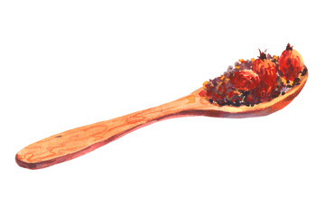 Wooden spoon with rosehip tea, watercolor illustration isolated on white background