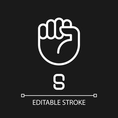 Letter S in American sign language pixel perfect white linear icon for dark theme. Communication modality. Thin line illustration. Isolated symbol for night mode. Editable stroke. Arial font used