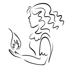 girl with long curly hair holds a flame in her palms monochrome