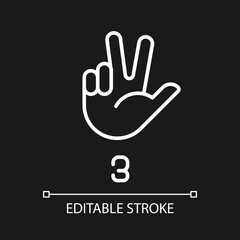 Signing digit three in ASL pixel perfect white linear icon for dark theme. Nonverbal communication system. Thin line illustration. Isolated symbol for night mode. Editable stroke. Arial font used
