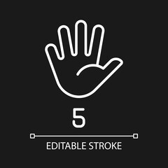 Digit five in American sign language pixel perfect white linear icon for dark theme. Communication system. Thin line illustration. Isolated symbol for night mode. Editable stroke. Arial font used