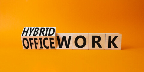 Hybrid work and office work symbol. Turned wooden cubes with words Hybrid work and Office work. Beautiful orange background. Business and success concept. Copy space