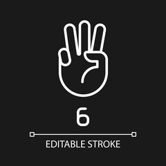 Digit six in American sign language pixel perfect white linear icon for dark theme. Visual modality for count. Thin line illustration. Isolated symbol for night mode. Editable stroke. Arial font used