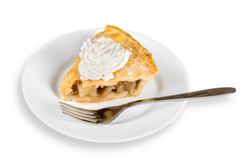 Slice of apple pie on plate isolated on white background