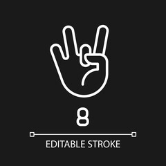 Fototapeta premium Digit eight sign in ASL pixel perfect white linear icon for dark theme. Gesture language. Communication. Thin line illustration. Isolated symbol for night mode. Editable stroke. Arial font used