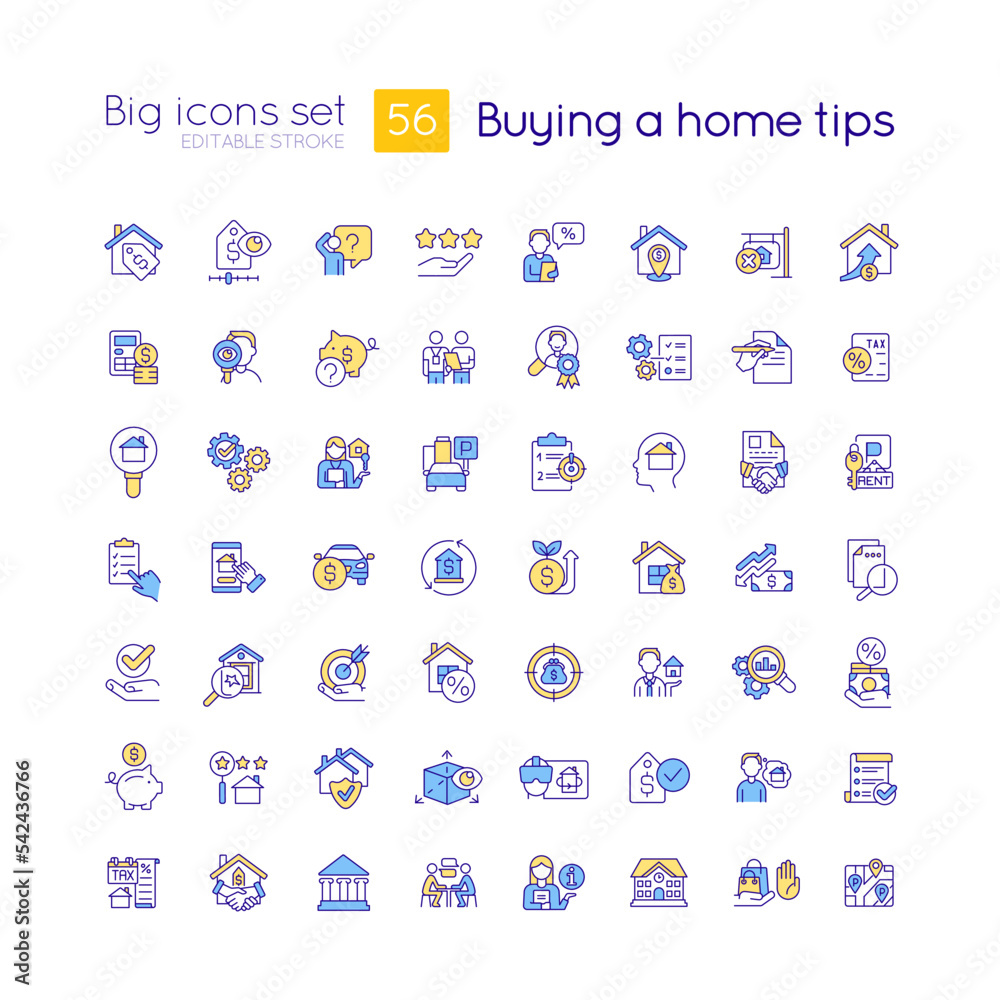 Poster buying home tips rgb color big icons set. real estate. first time homebuying process. isolated vecto - Posters