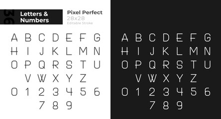 Numbers and letters pixel perfect linear icons set for dark, light mode. Education. Thin line symbols for night, day theme. Isolated illustrations. Editable stroke. Montserrat Bold, Light fonts used - obrazy, fototapety, plakaty