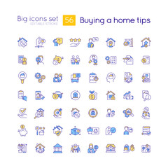 Buying home tips RGB color big icons set. Real estate. First time homebuying process. Isolated vector illustrations. Simple filled line drawings collection. Editable stroke. Quicksand Light font used