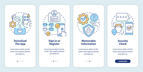 Setting up banking application guide onboarding mobile app screen. Walkthrough 4 steps editable graphic instructions with linear concepts. UI, UX, GUI template. Myriad Pro-Bold, Regular fonts used