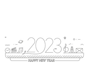 2023 Happy New Year Text with music icons Design Patter, Vector illustration.