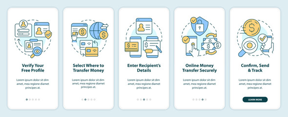Transferring money actions onboarding mobile app screen. Web wallet walkthrough 5 steps editable graphic instructions with linear concepts. UI, UX, GUI template. Myriad Pro-Bold, Regular fonts used