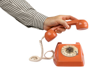 Male hand picking up orange vintage telephone handset, isolated