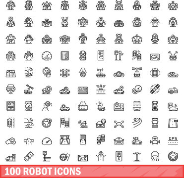 100 robot icons set. Outline illustration of 100 robot icons vector set isolated on white background