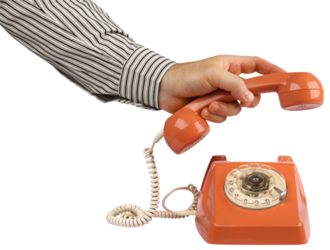 Male hand picking up orange vintage telephone handset, isolated