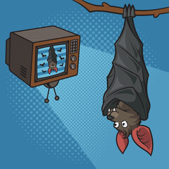 Cartoon bat watching TV upside down pinup pop art retro vector illustration. Comic book style imitation.