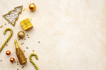 Christmas and New Year decoration baubles and gift boxes. Marry Christmas greeting card background