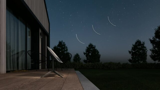Starlink dish moving and send signal to satellite at night, artist rendering 