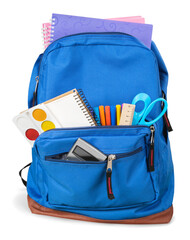 Classic school backpack with colorful school supplies and books - obrazy, fototapety, plakaty