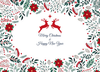 Hand drawn Christmas invitation card of poinsettia, leaves, branches, berries, holly, Christmas tree. Winter floral cozy collection. Lettering Happy New Year. Vector illustration on white background