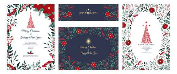 Hand drawn set of Christmas invitation cards with poinsettia, leaves, branches, berries, holly, stars and Christmas tree. Winter floral cozy collection. Holiday vector illustration with copy space