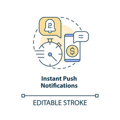 Instant push notifications concept icon. Web wallet. Secure online banking feature abstract idea thin line illustration. Isolated outline drawing. Editable stroke. Arial, Myriad Pro-Bold fonts used