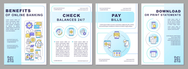 E banking advantages brochure template. Online money transfers. Leaflet design with linear icons. Editable 4 vector layouts for presentation, annual reports. Arial, Myriad Pro-Regular fonts used